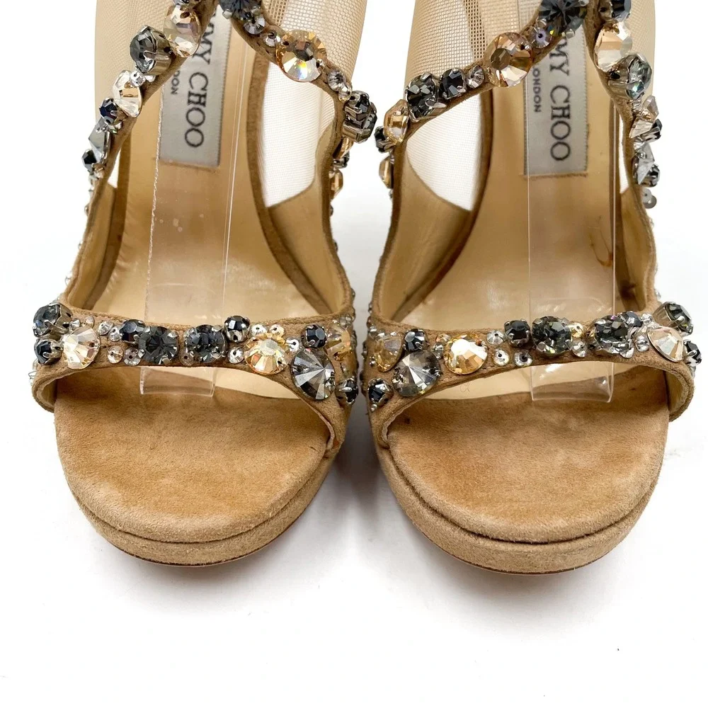 Jimmy Choo Viola Crystal‎ Sandals Tan Suede Strappy Heels Sz 37.5 / 7.5 US